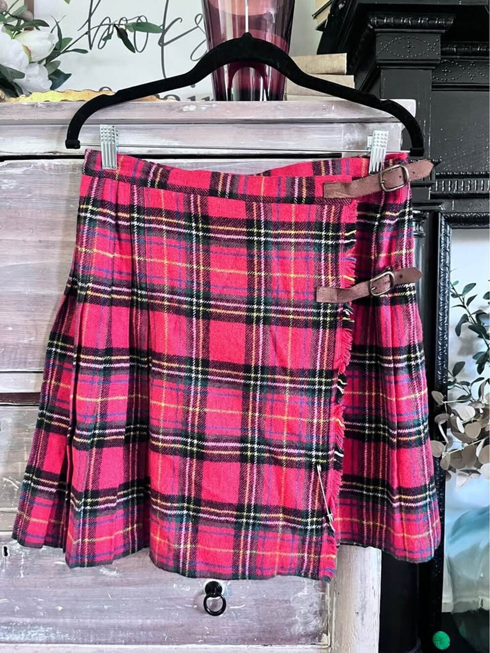 Vintage 90s Plaid Wool Wrap Kilt Skirt Fringe Buckle Red 12 Large Grunge Emo